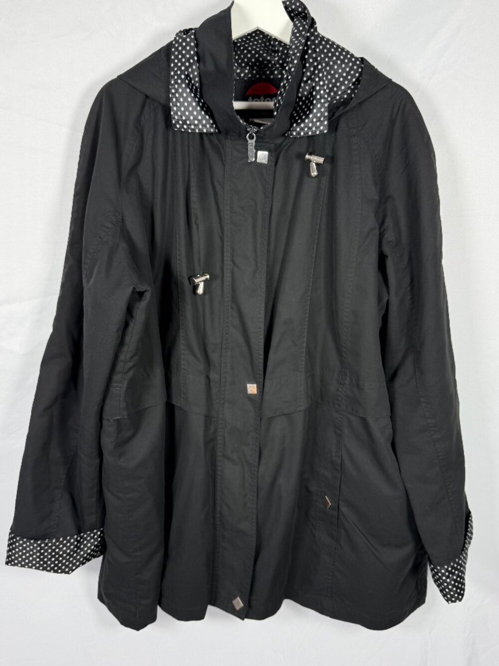 Totes Raincoat Women Sz 2X Detachable Hood Black Polka Dot Print Pockets Lined